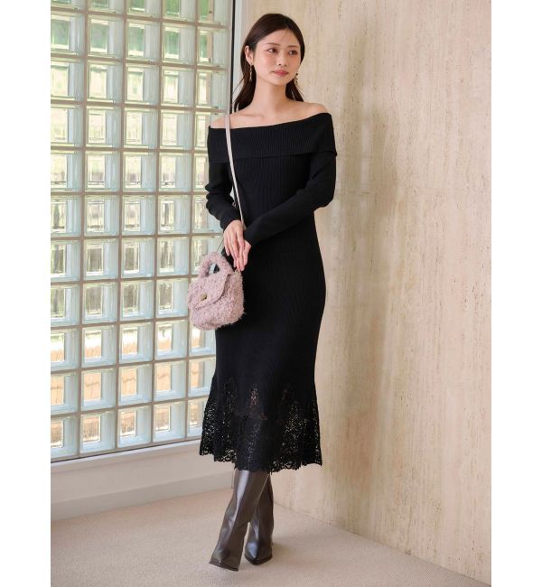 MERCURYDUO「レーストリムオフショルニットワンピース」|ワンピース|