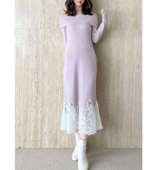 MERCURYDUO「レーストリムオフショルニットワンピース」|ワンピース|ラベンダー