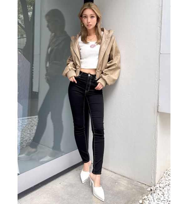 GYDA「レースラインボリュームスリーブフェイクレザージャケット【SETUP着用可】」|ブルゾン・スタジャン|