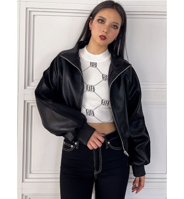 GYDA「レースラインボリュームスリーブフェイクレザージャケット【SETUP着用可】」|ブルゾン・スタジャン|