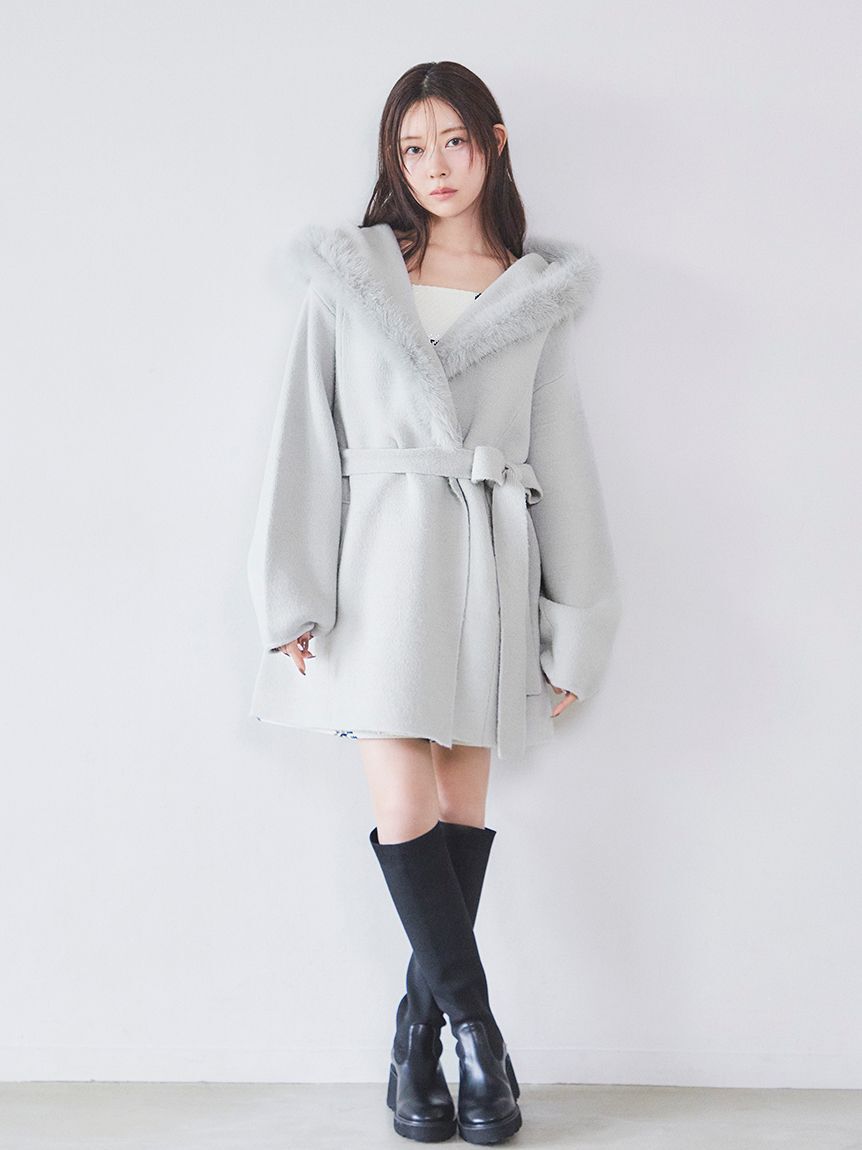 SNIDEL「ファーフードニットコート」|チェスターコート|