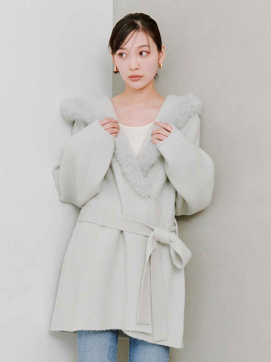 SNIDEL「ファーフードニットコート」|チェスターコート|