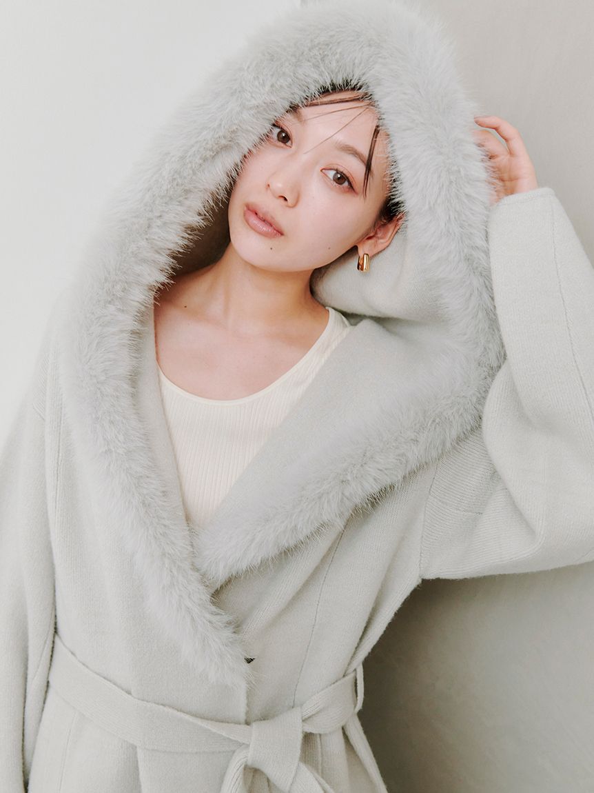 SNIDEL「ファーフードニットコート」|チェスターコート|