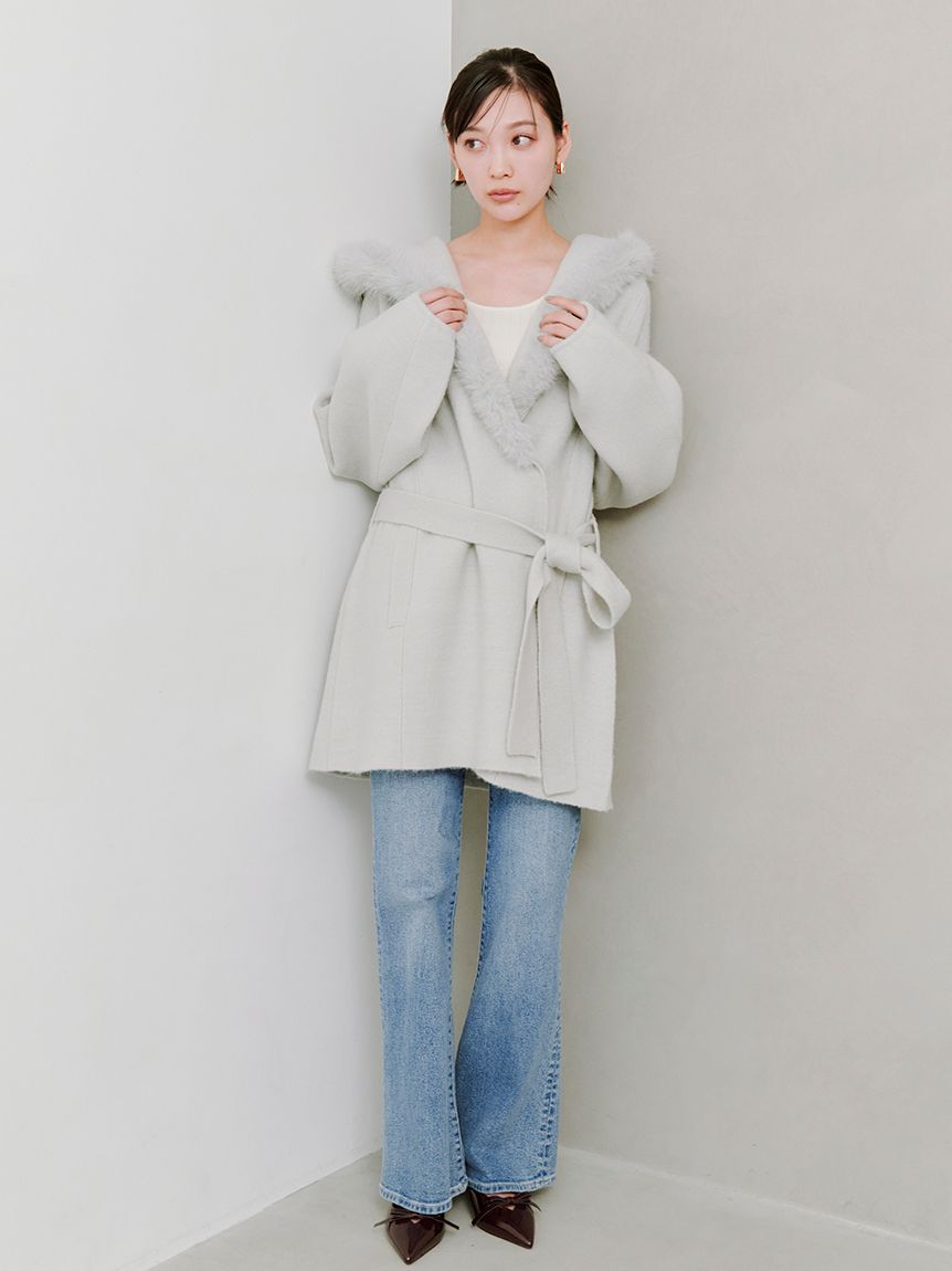 SNIDEL「ファーフードニットコート」|チェスターコート|