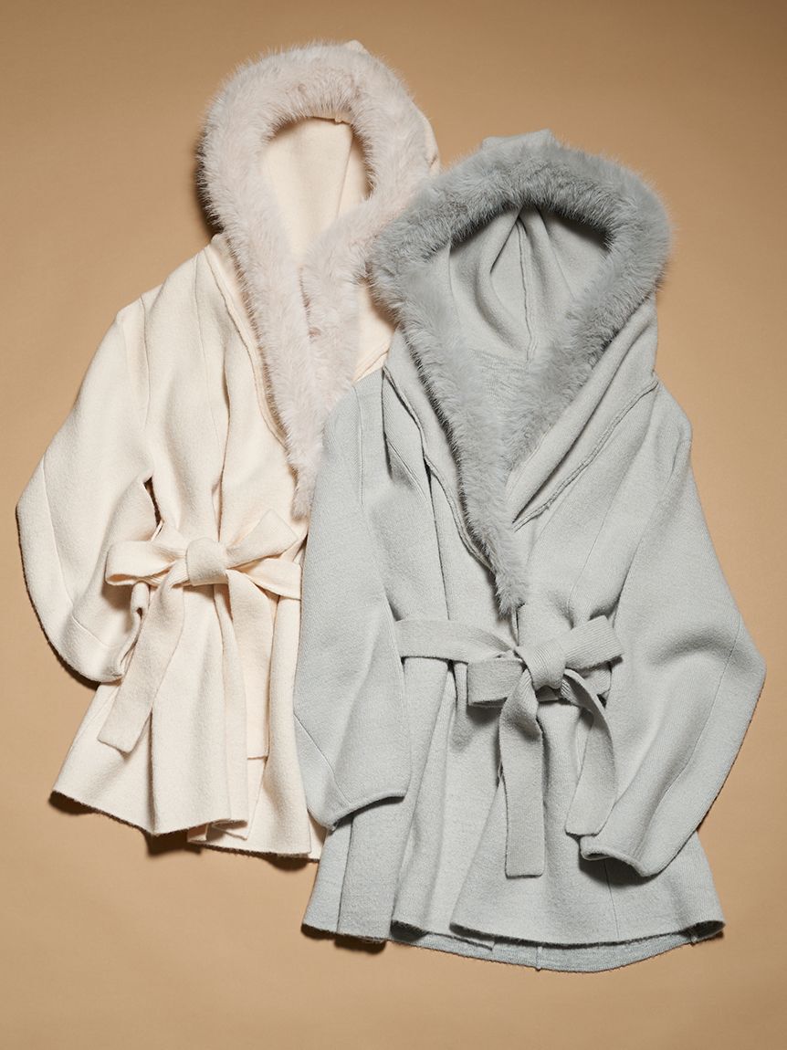 SNIDEL「ファーフードニットコート」|チェスターコート|