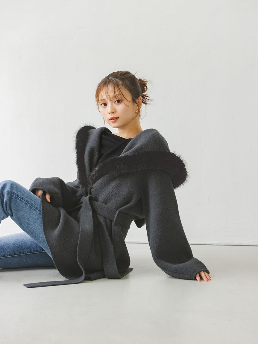 SNIDEL「ファーフードニットコート」|チェスターコート|