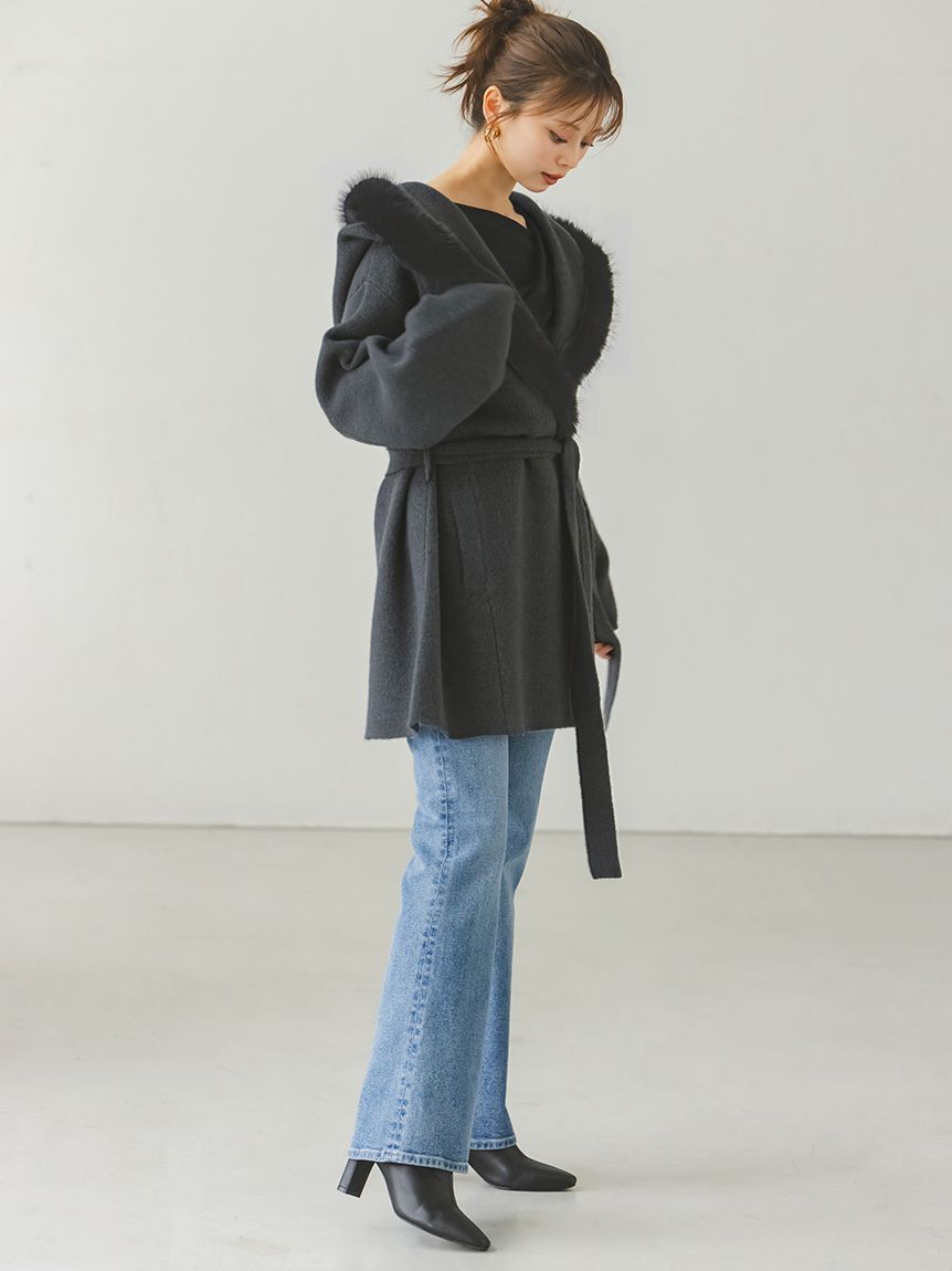 SNIDEL「ファーフードニットコート」|チェスターコート|