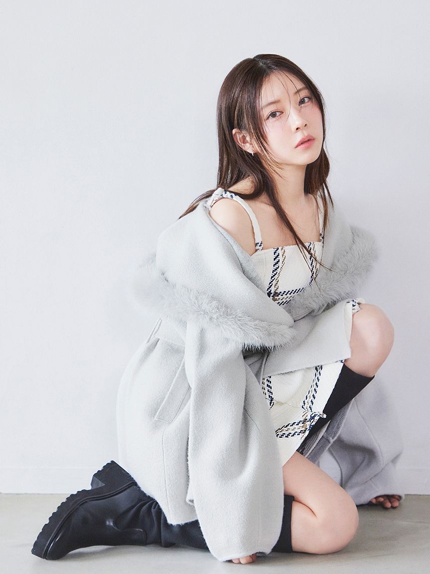 SNIDEL「ファーフードニットコート」|チェスターコート|LGRY