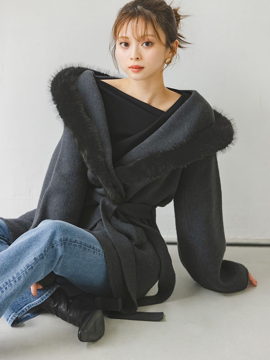 SNIDEL「ファーフードニットコート」|チェスターコート|DGRY