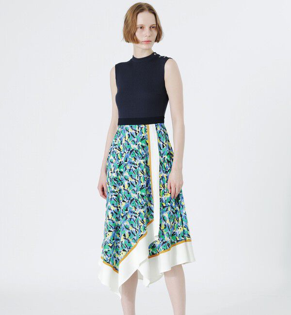  「フラワーブロッキングワンピース」|ワンピース|ネイビー