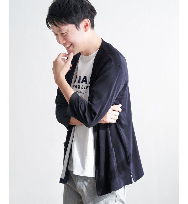 ikka「7分袖バイカラーボタンレスカーディガン」|カーディガン|ネイビーブルー