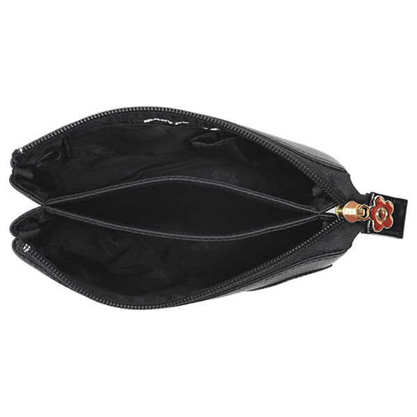  「マリークヮント シュリンクデイジーパッチ 3ポケットポーチ ブラック 本体 (H11.5&times;W17.5&times;D6.5cm)」|コスメ雑貨|