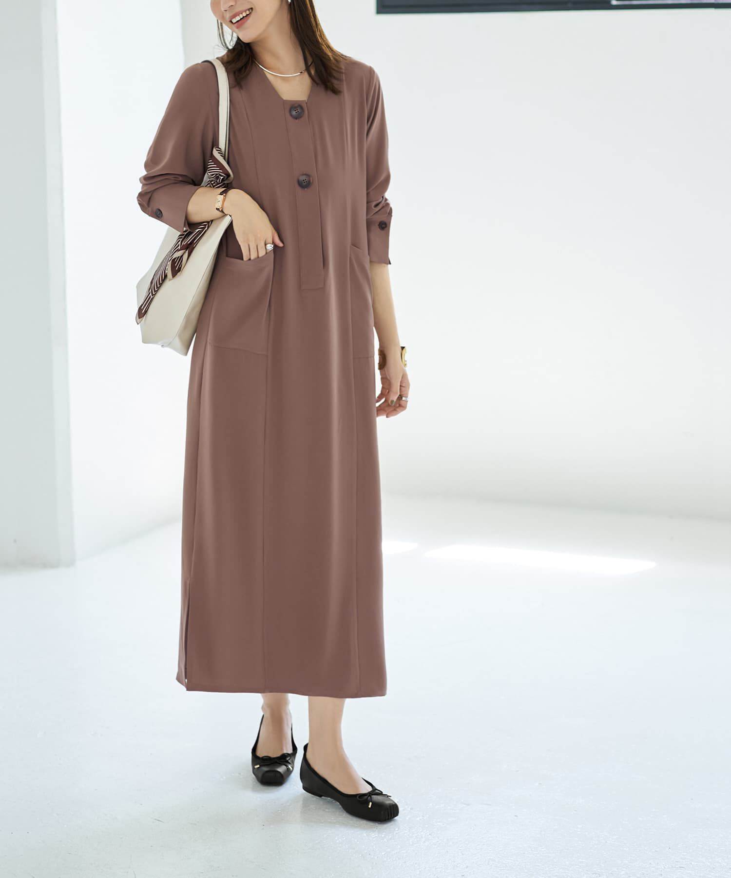 STYLE DELI「フロント２ボタンジョーゼットワンピース」|ワンピース|モカブラウン