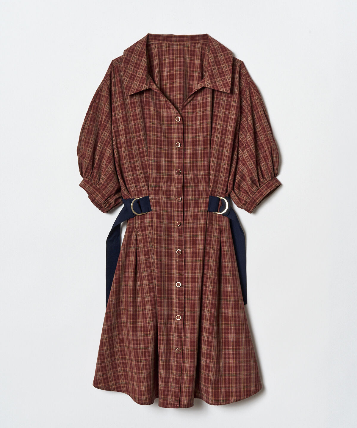 REDYAZEL「チェックバイカラーウエストベルトシャツワンピース」|ワンピース|