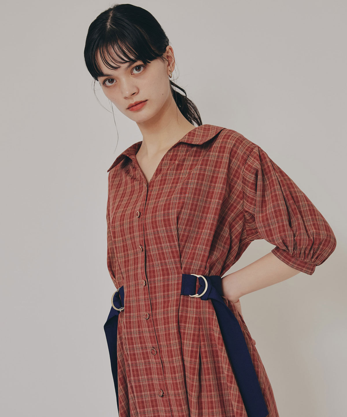 REDYAZEL「チェックバイカラーウエストベルトシャツワンピース」|ワンピース|