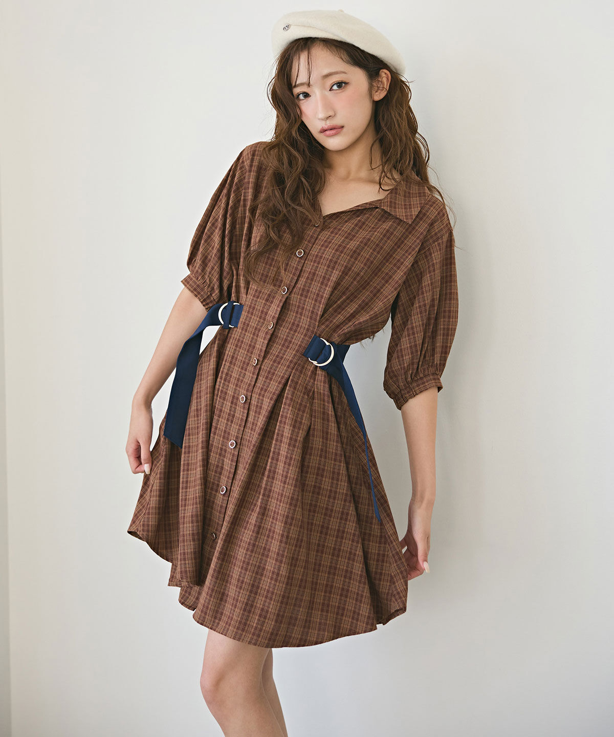 REDYAZEL「チェックバイカラーウエストベルトシャツワンピース」|ワンピース|