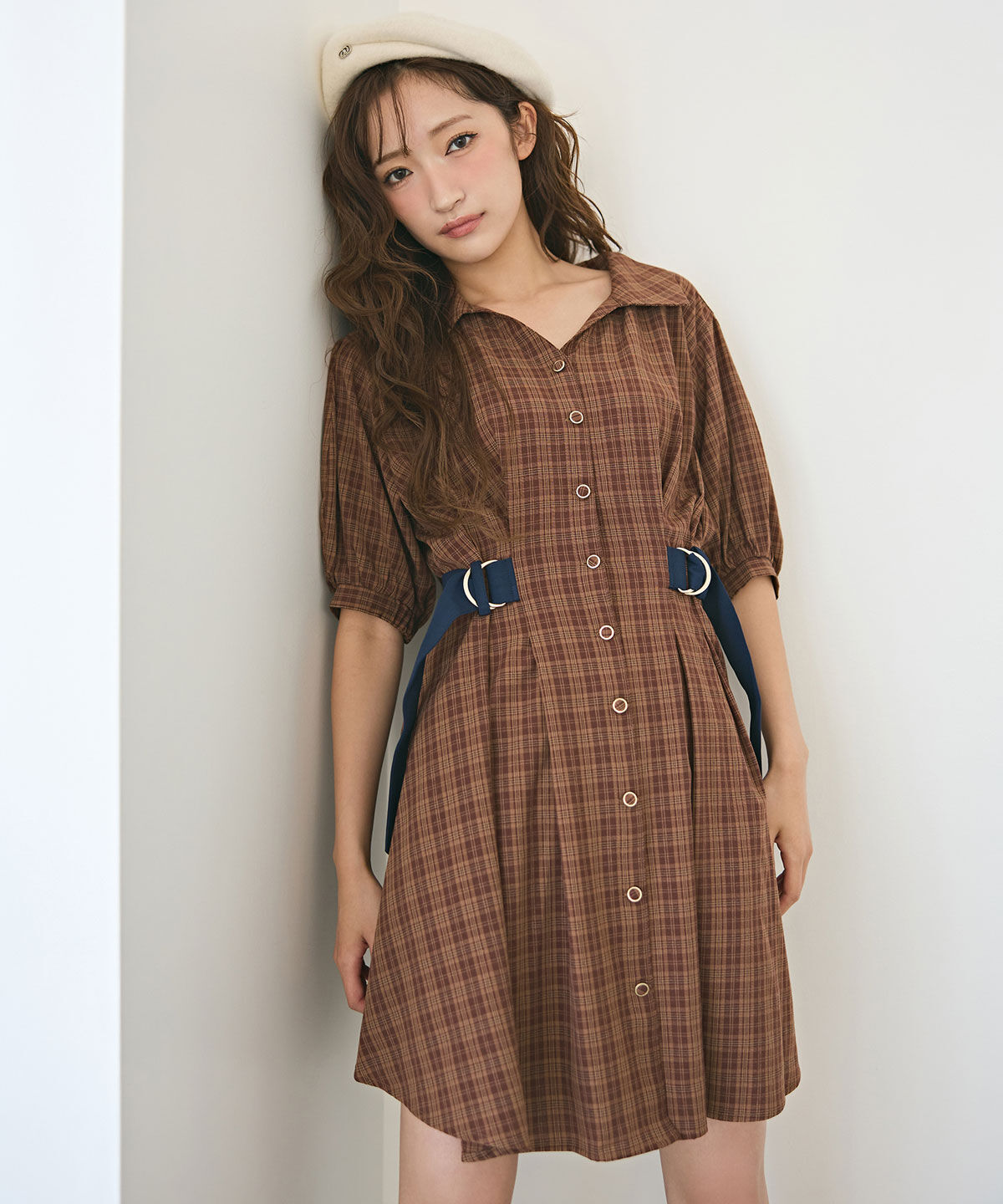 REDYAZEL「チェックバイカラーウエストベルトシャツワンピース」|ワンピース|