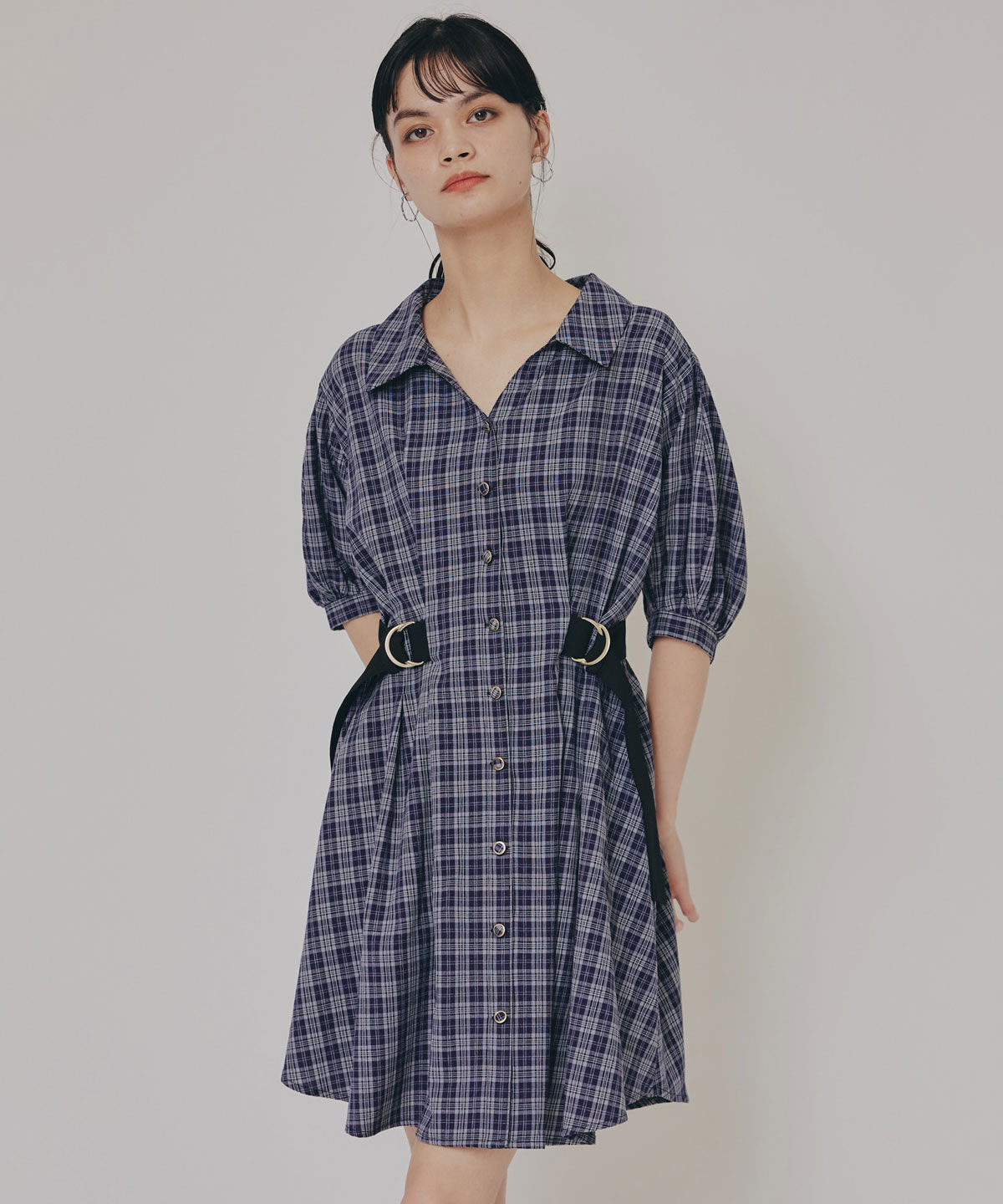 REDYAZEL「チェックバイカラーウエストベルトシャツワンピース」|ワンピース|紺系チェック