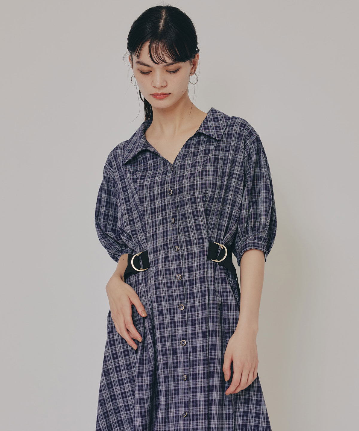 REDYAZEL「チェックバイカラーウエストベルトシャツワンピース」|ワンピース|