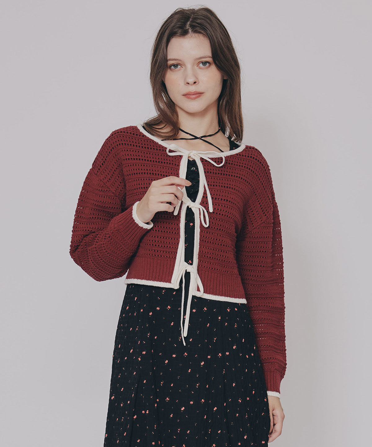 REDYAZEL「リボンニットカーディガン」|カーディガン|レッド