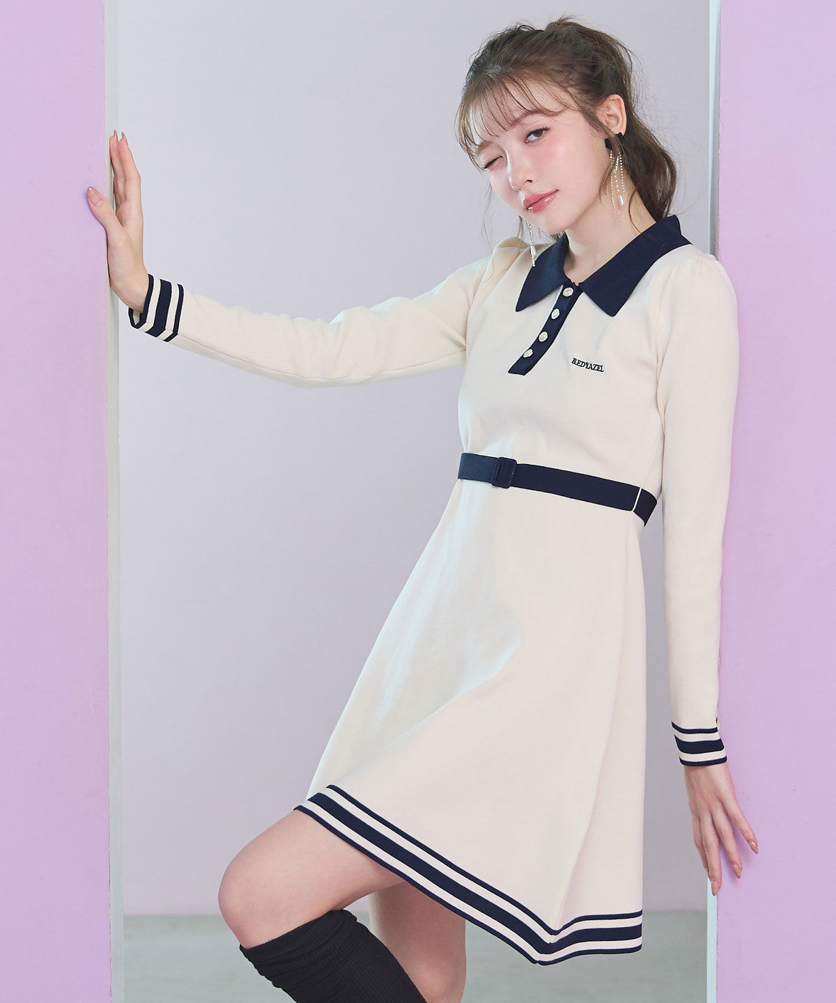 REDYAZEL「バイカラーポロニットミニワンピース」|ワンピース|オフ