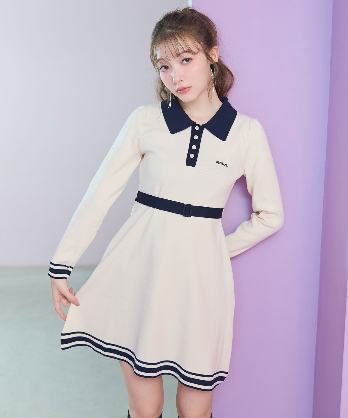 REDYAZEL「バイカラーポロニットミニワンピース」|ワンピース|