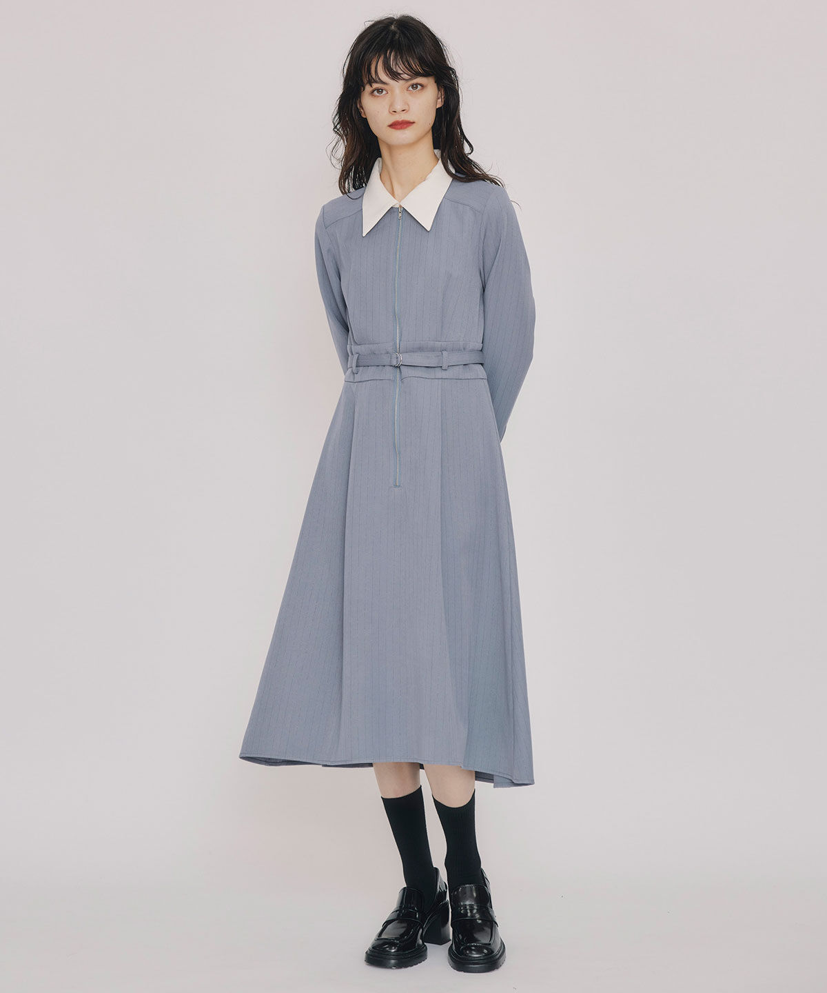 REDYAZEL「フロントZIPストライプロングワンピース」|ワンピース|ブルー