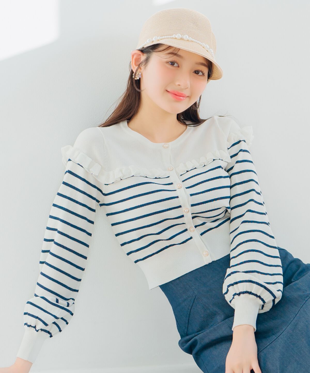 WILLSELECTION「フリルデザインニットカーディガン」|カーディガン|Navy/borderｽﾄﾗｲﾌﾟ