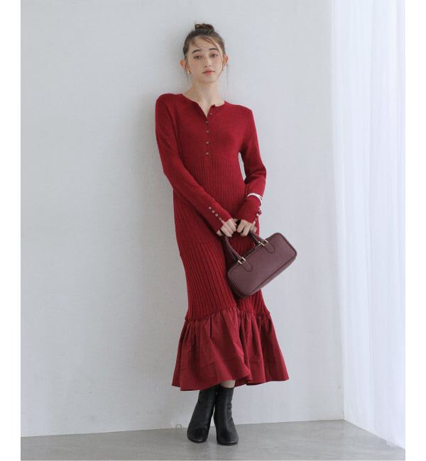  「【洗える】裾ドッキングニットワンピース」|ワンピース|