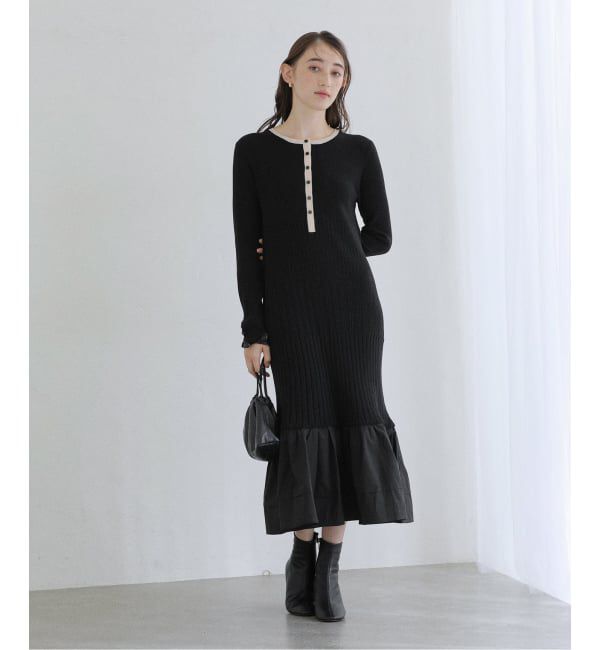  「【洗える】裾ドッキングニットワンピース」|ワンピース|