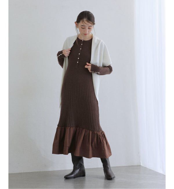  「【洗える】裾ドッキングニットワンピース」|ワンピース|