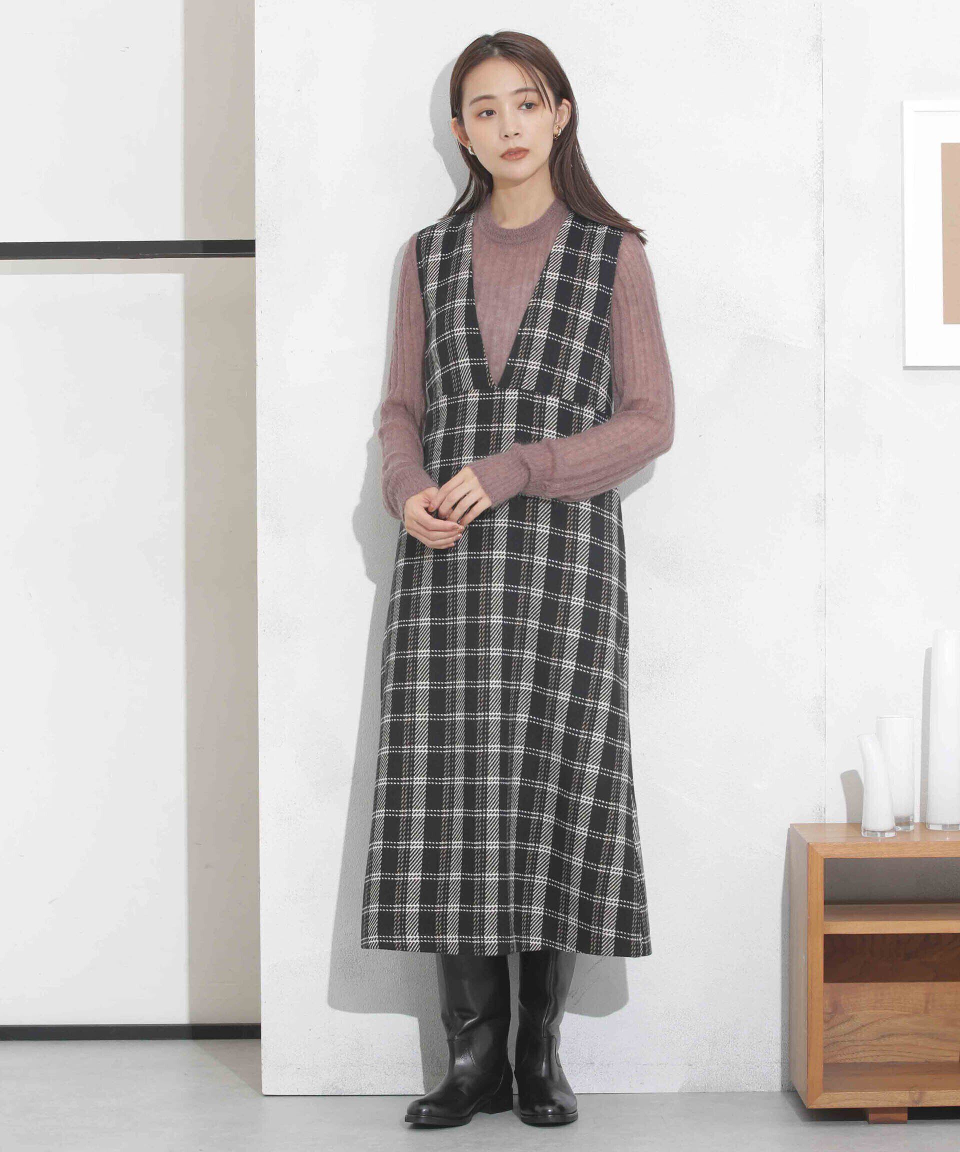 nano･universe「ビッグチェックVネックワンピース」|ワンピース|ブラック