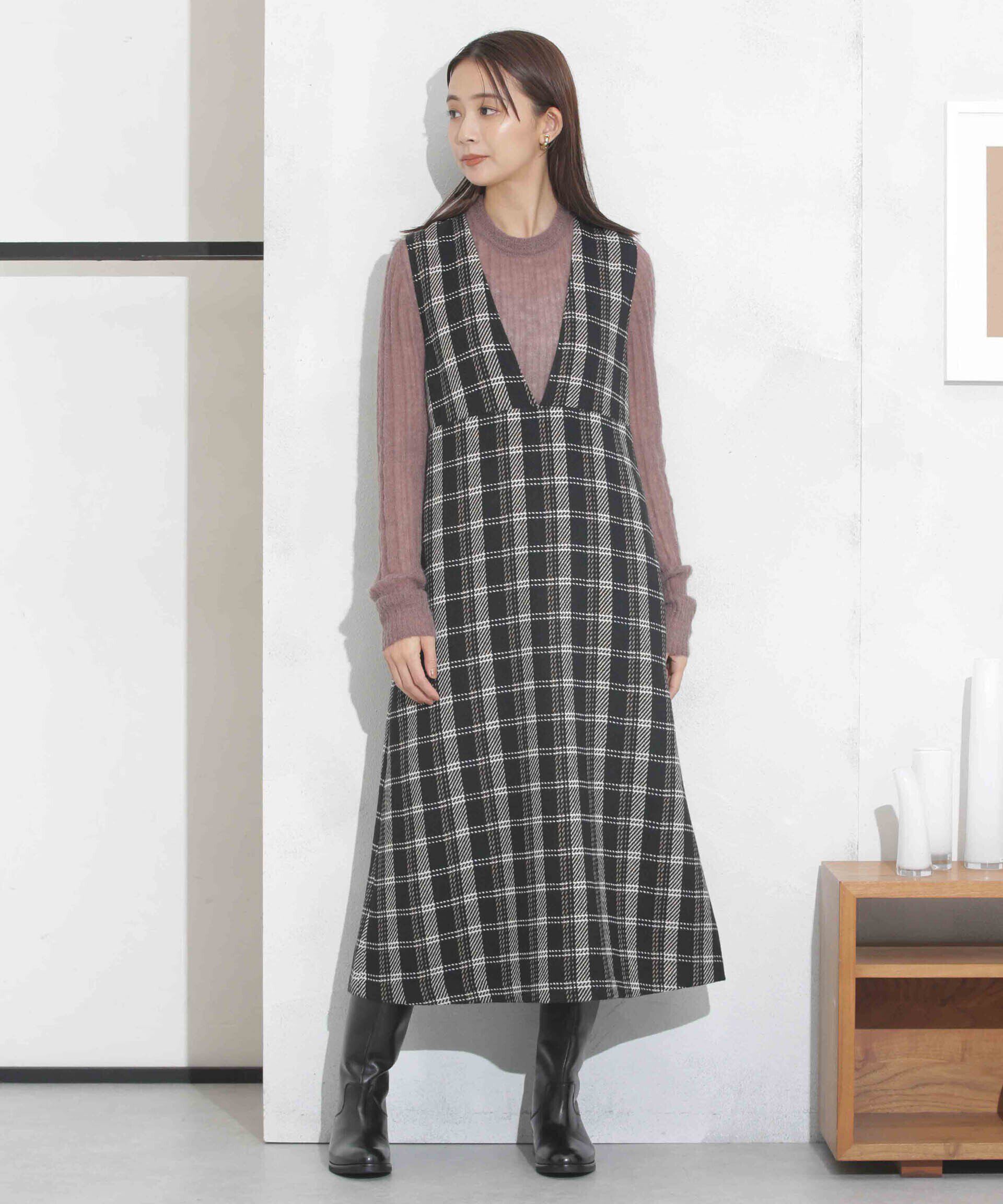 nano･universe「ビッグチェックVネックワンピース」|ワンピース|
