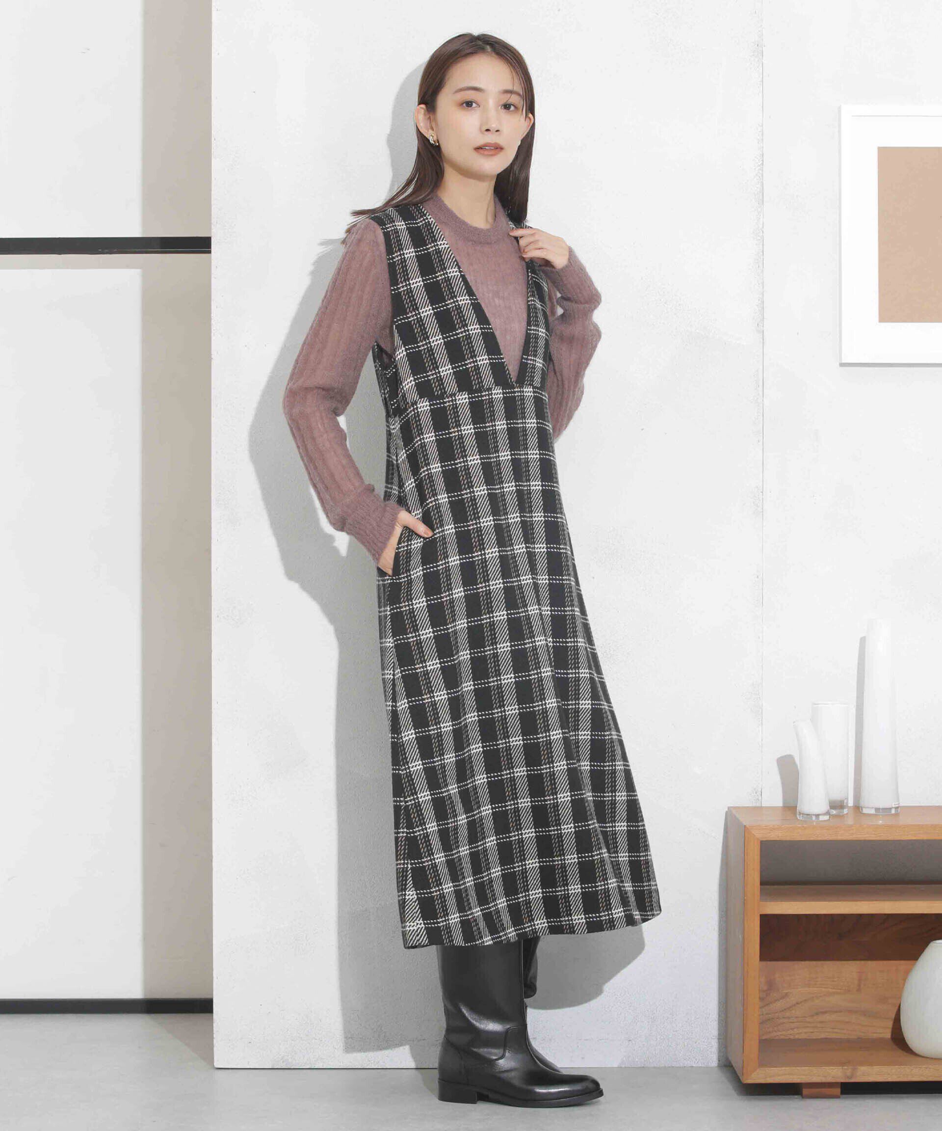 nano･universe「ビッグチェックVネックワンピース」|ワンピース|