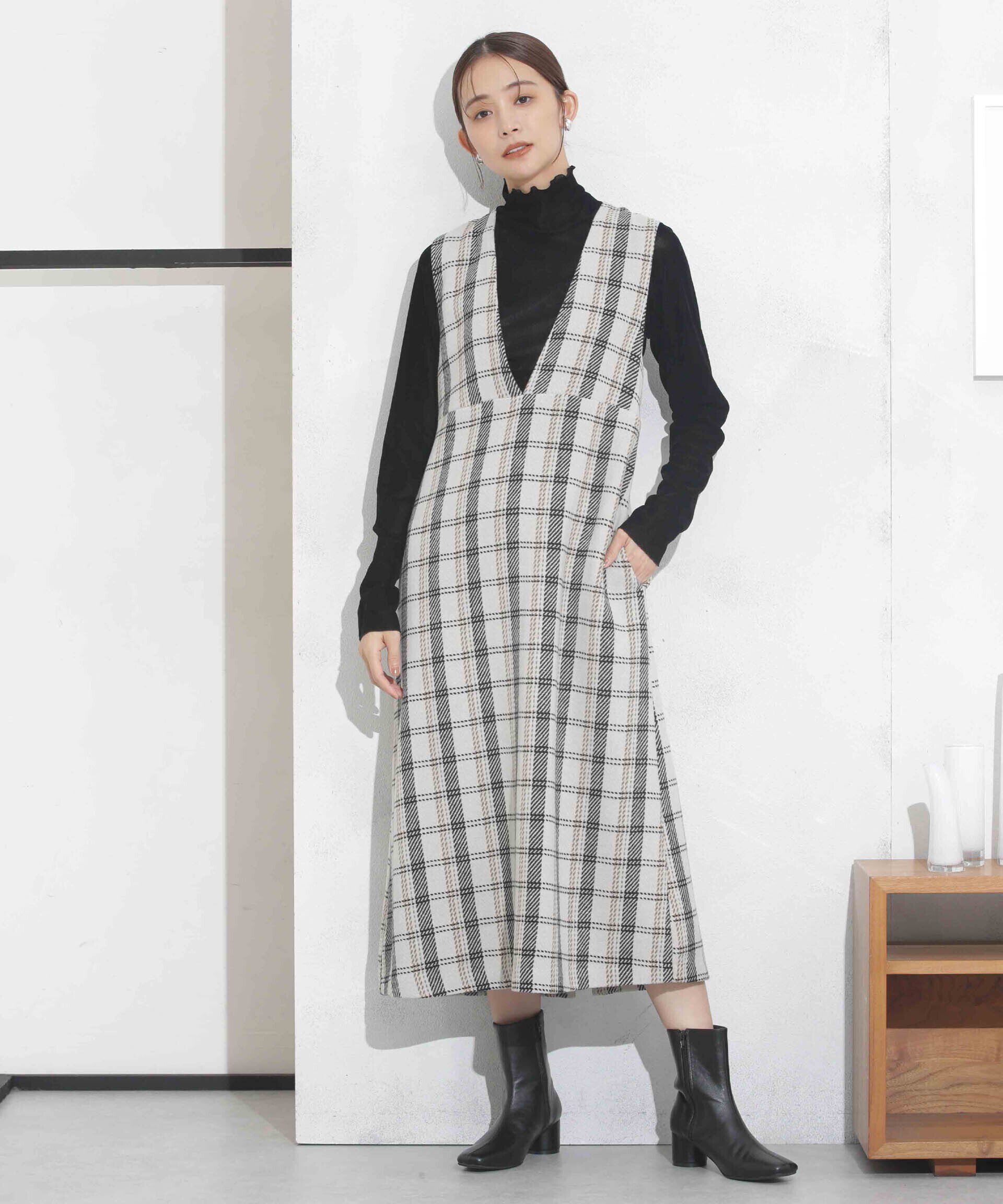 nano･universe「ビッグチェックVネックワンピース」|ワンピース|