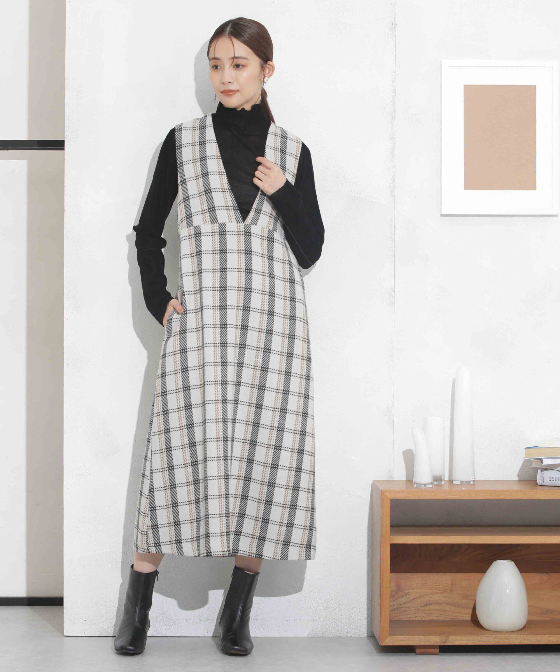 nano･universe「ビッグチェックVネックワンピース」|ワンピース|