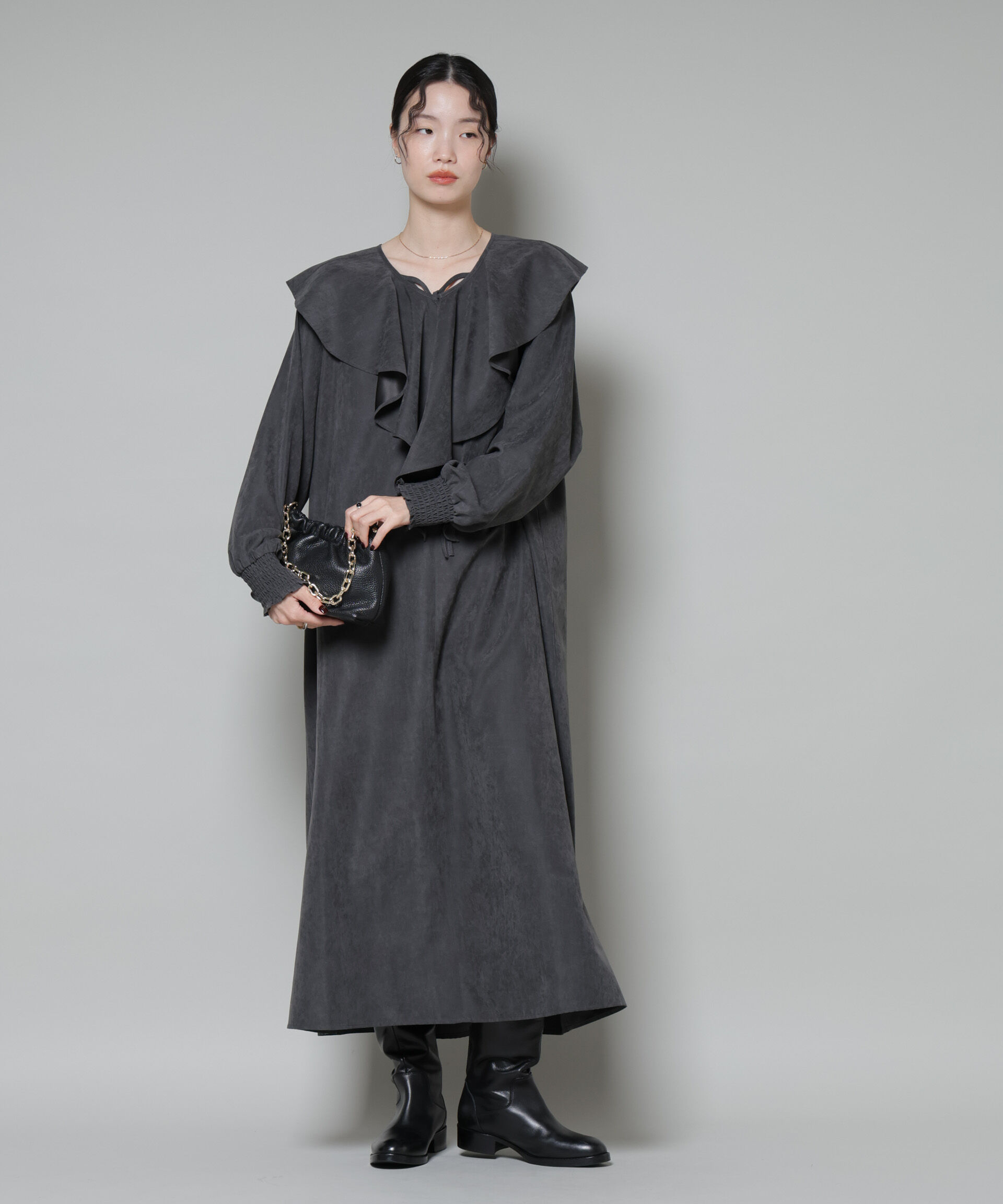 nano･universe「取り外し可能ラッフルカラー付きピーチフレアワンピース」|ワンピース|グレー