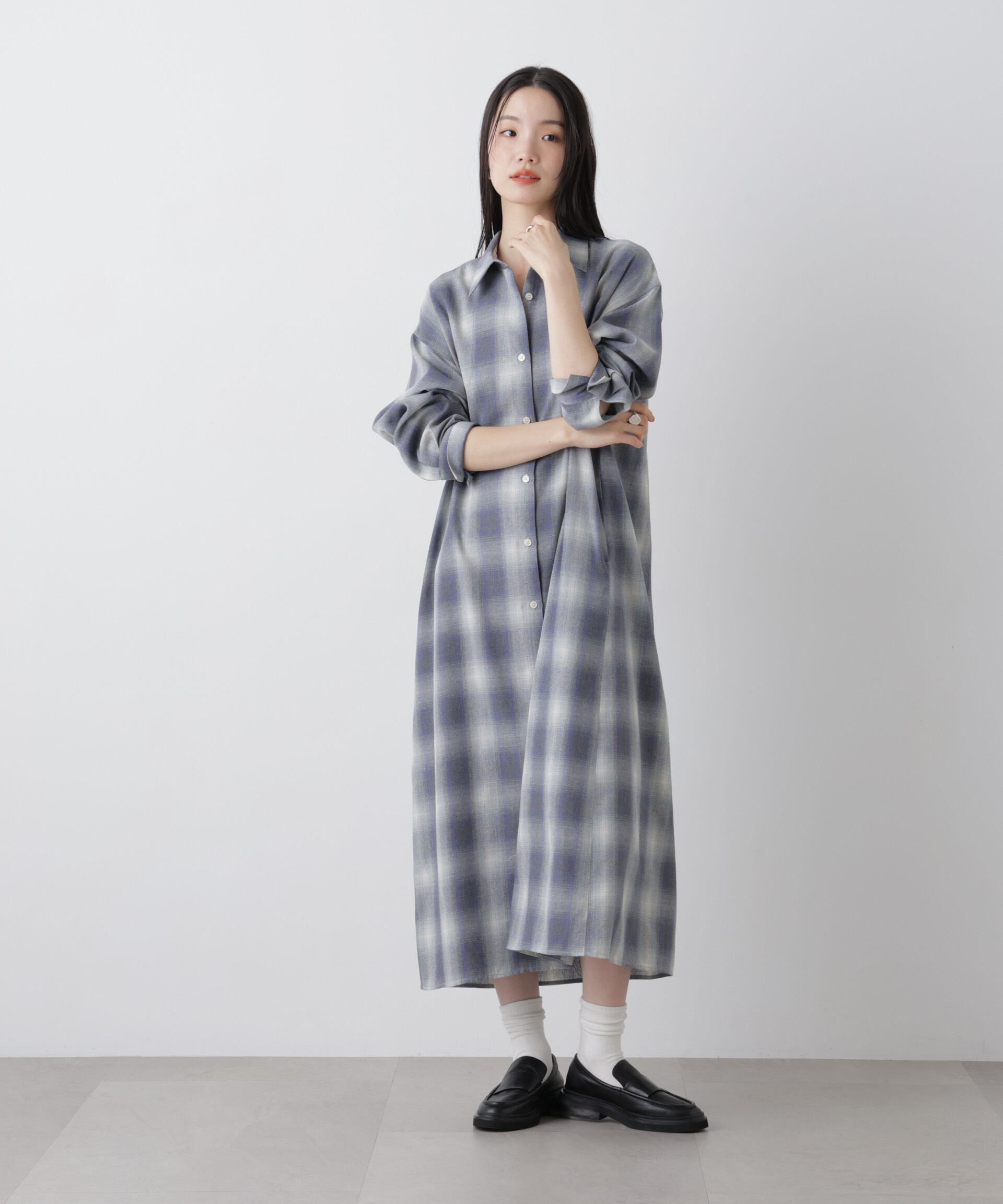nano･universe「オンブレーツイルチェックシャツワンピース」|ワンピース|ブルー