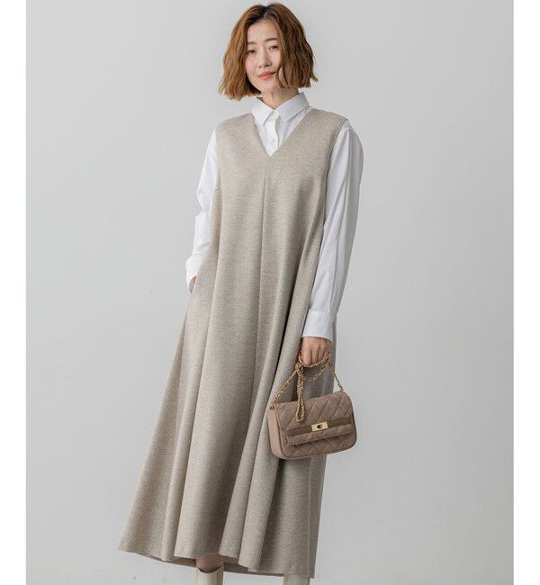 23区「ラメミックスツイード Vネックワンピース」|ワンピース|ベージュ系