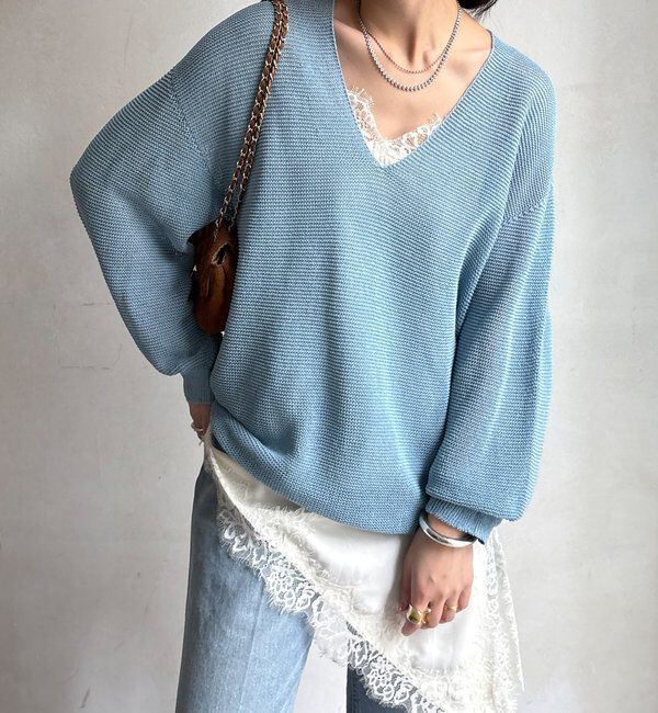  「ガーター深Vプルオーバー」|ニット・セーター|ブルー