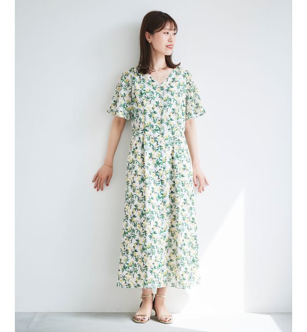  「レモンプリントVネックワンピース」|ワンピース|