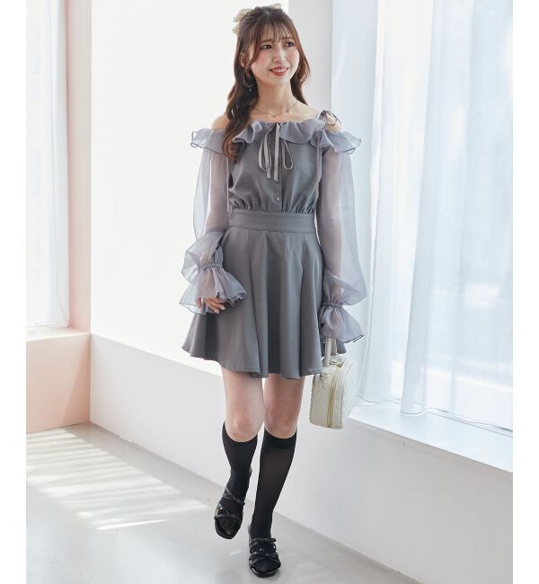  「袖異素材ミニワンピース」|ワンピース|グレー