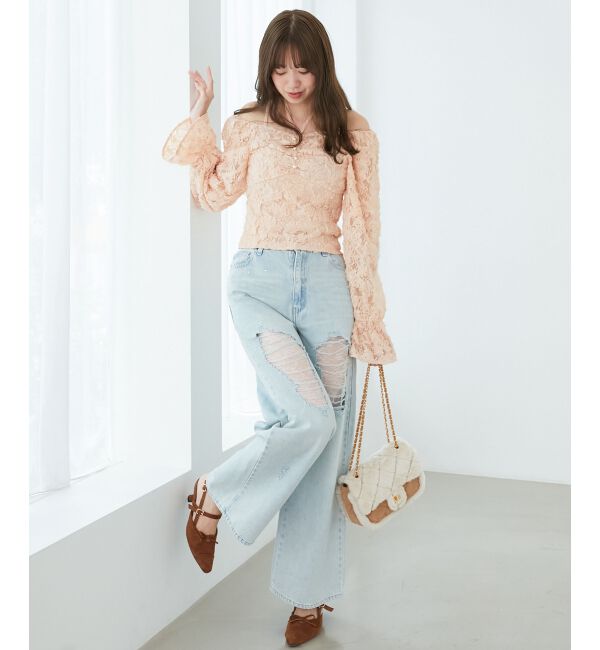  「キラキラレースダメージデニム」|デニム|