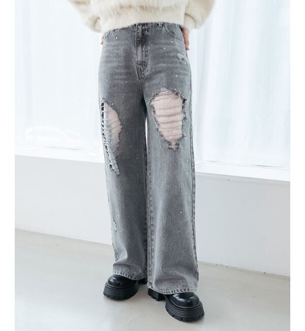  「キラキラレースダメージデニム」|デニム|