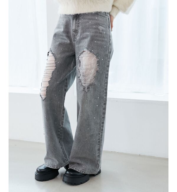  「キラキラレースダメージデニム」|デニム|