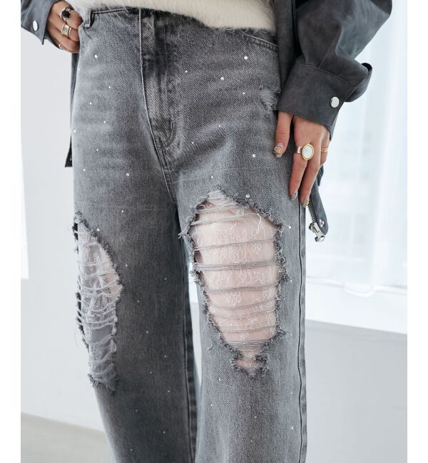  「キラキラレースダメージデニム」|デニム|