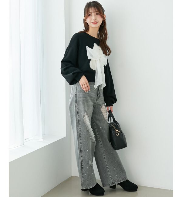  「キラキラレースダメージデニム」|デニム|