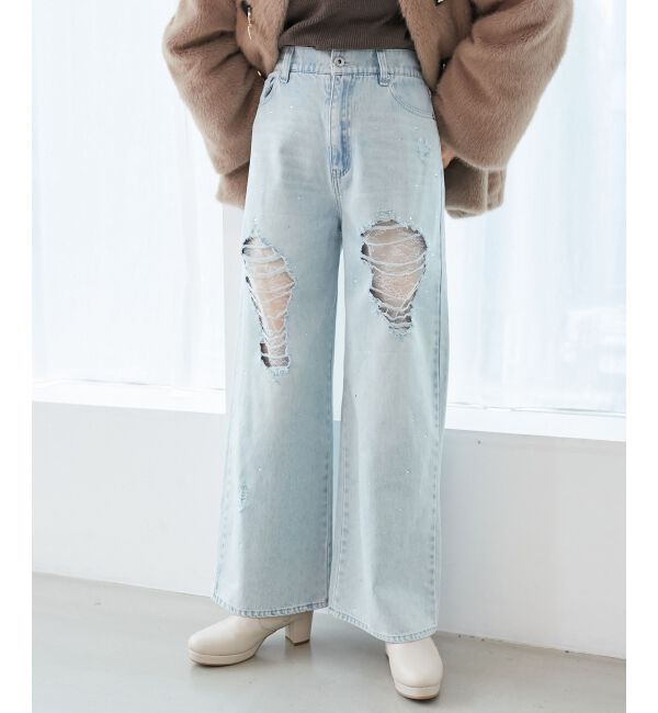  「キラキラレースダメージデニム」|デニム|