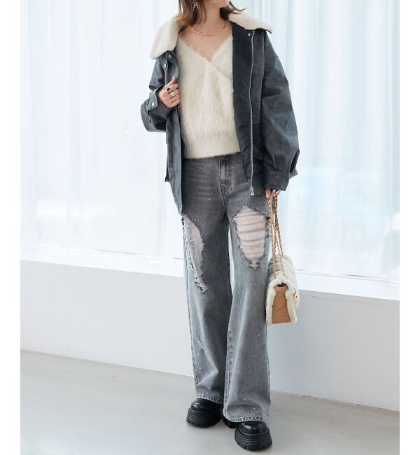  「キラキラレースダメージデニム」|デニム|