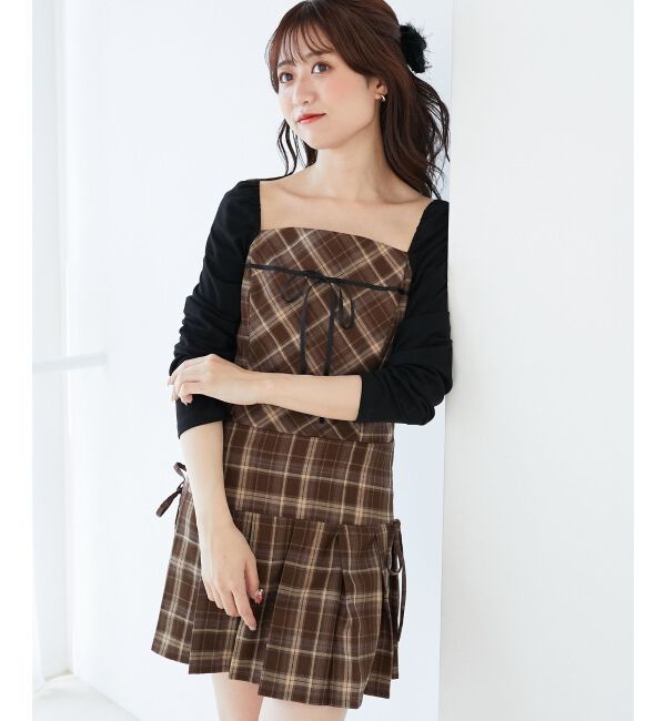  「ドッキングプリーツミニワンピ」|ワンピース|ブラウン柄